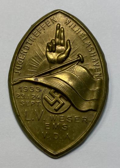 WW2 German Jugendtreffen Wilhelmshaven L.V. Weserems V.D.A. 1933 Badge