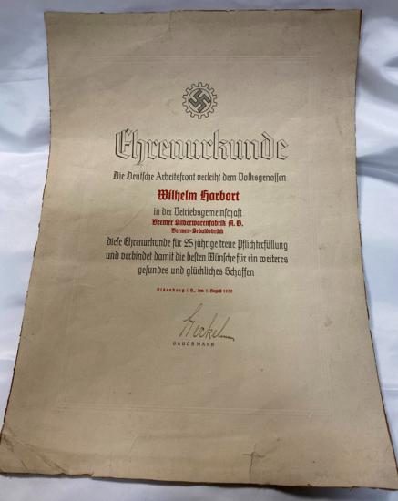 WW2 German D.A.F. 25 Years Long Service Citation