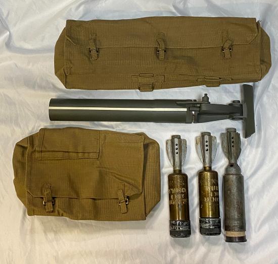 WW2 British Paratrooper Two Inch Mortar Bombs with Cases and Replica Paratrooper Mortar