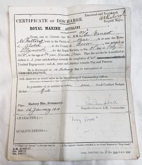 WW1  British Royal Marine Collection Of Paperwork And Badges