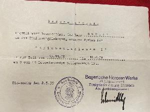 WW2 German B.M.W. Work Training Certificate