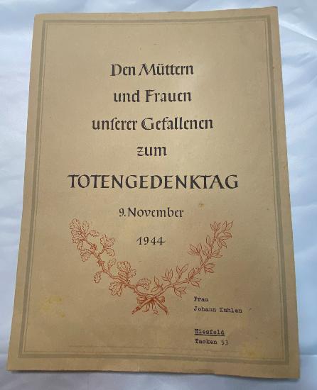 WW2 German Mother's Remembrance Day Certificate