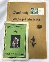 WW2 German Hitler Jugend BDM Dienstbuch, Stamp, & DLRG Pin Badge & Grundschein Certificate