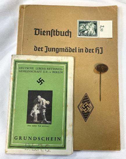 WW2 German Hitler Jugend BDM Dienstbuch, Stamp, & DLRG Pin Badge &  Grundschein Certificate 